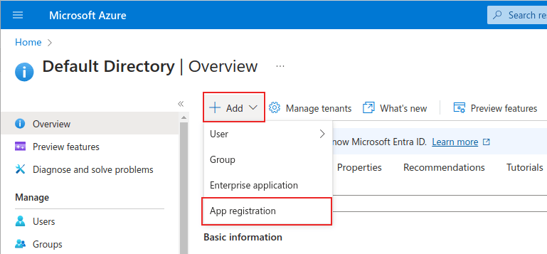 Microsoft Azure beheerpagina met + Toevoegen en App Registratie menu gemarkeerd.