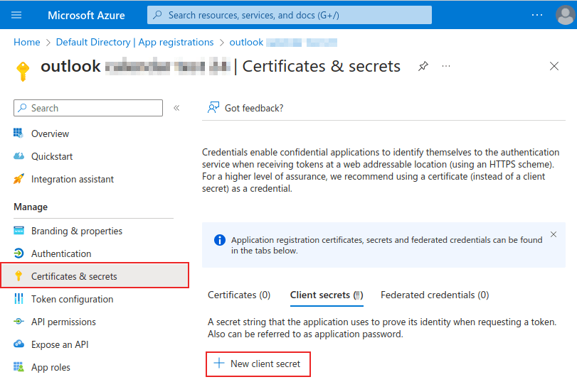 Nieuwe cliëntgeheim pagina met certificaten en geheimen menu en nieuwe cliëntgeheim optie gemarkeerd.