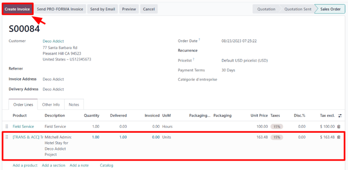 A sales order with the configured expense ready to be invoiced in the Order Lines tab.