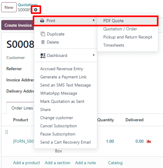 Print pdf quote option on drop-down menu located on confirmed sales order in Odoo Sales.