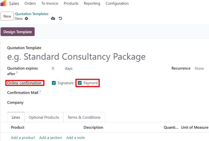 The online payment setting on quotation template forms in Odoo Sales.