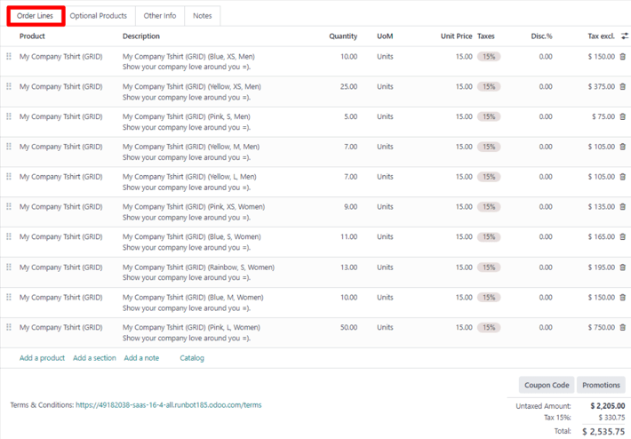 Populated order lines tab after order grid entry has been chosen to select products.