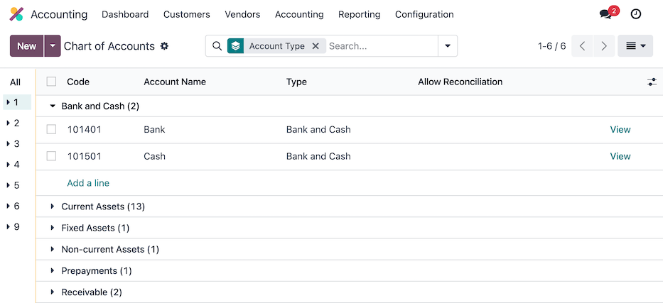 Chart of Accounts grouped by Account Type.