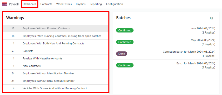 The dashboard view of the Payroll app, with the warnings box highlighted.