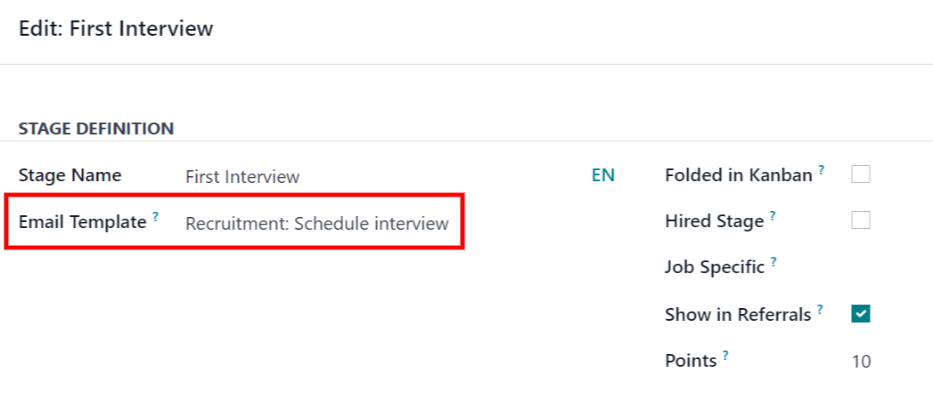 The Recruitment: Schedule Interview email template populating the Email Template field.