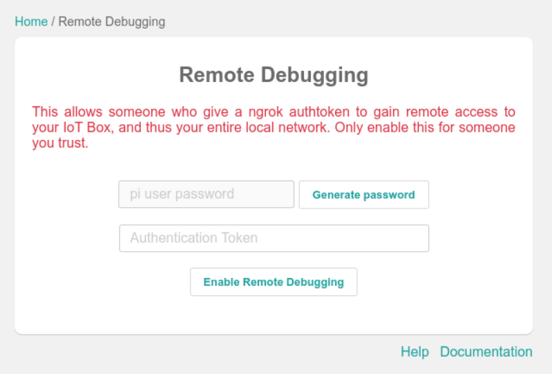 The Remote Debugging password generation window.