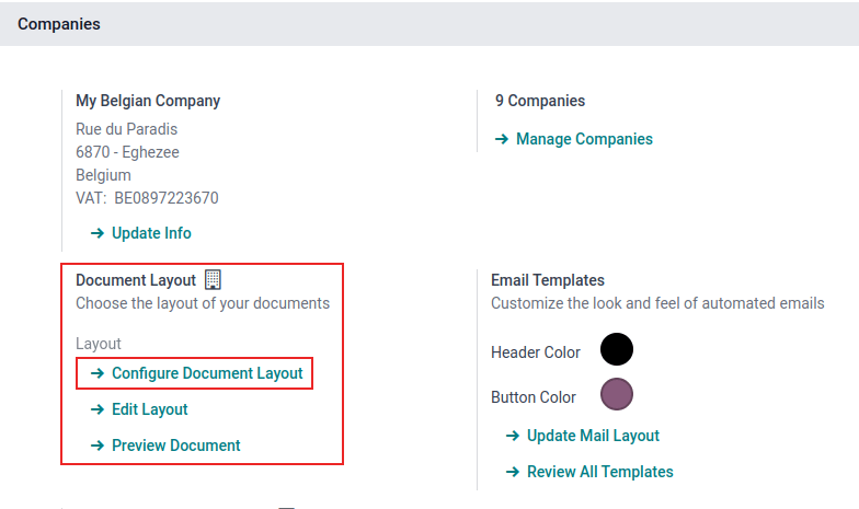 Ansicht der Einstellungsseite mit Hervorhebung des Feldes „Dokumentlayout“ in Odoo