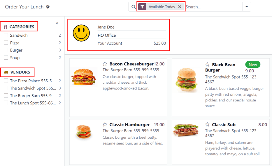 Das Dashboard der *Mittagessen-App* mit allen hervorgehobenen Bereichen.