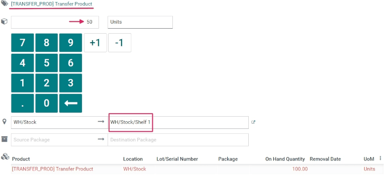 Editor der Produktzeile für individuelle Transfers in der Barcode-App.