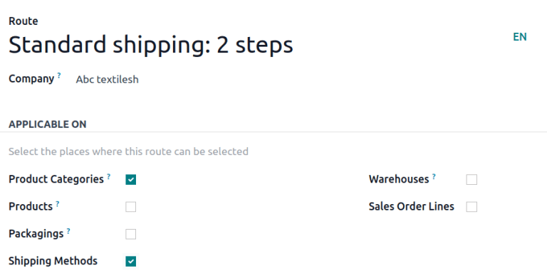 Routes form with the Shipping Methods checkbox selected.