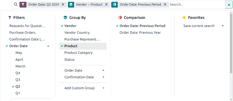 Das Dropdown-Menü der Filter-, Gruppierungs- und Vergleichsoptionen für den Bericht über Lieferantenkosten.