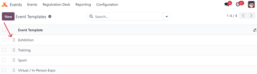 Die Seite der Veranstaltungsvorlage in Odoo Veranstaltungen.