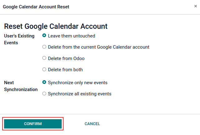 Zurücksetzungsoptionen für Google Kalender in Odoo.