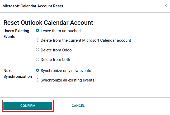 Zurücksetzungsoptionen für Outlook-Kalender in Odoo.