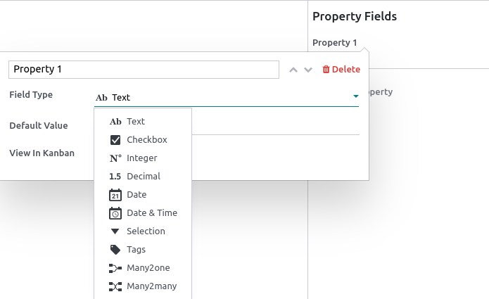 Drop-down von Eigenschaftsfeldtypen