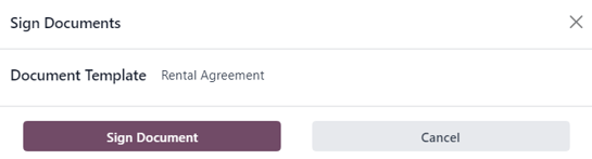 Das Pop-up-Fenster „Dokumente unterschreiben“, das in Odoo Vermietung erscheint.