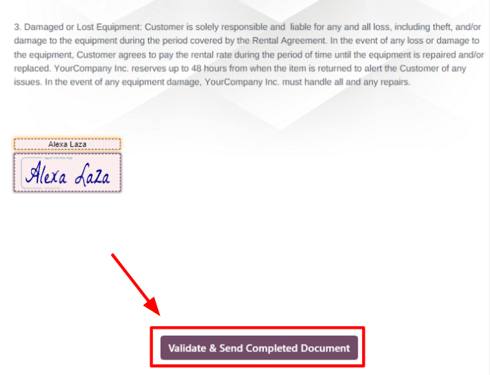 Die Schaltfläche „Vollständiges Dokument validieren und senden“ in Odoo Vermietung.