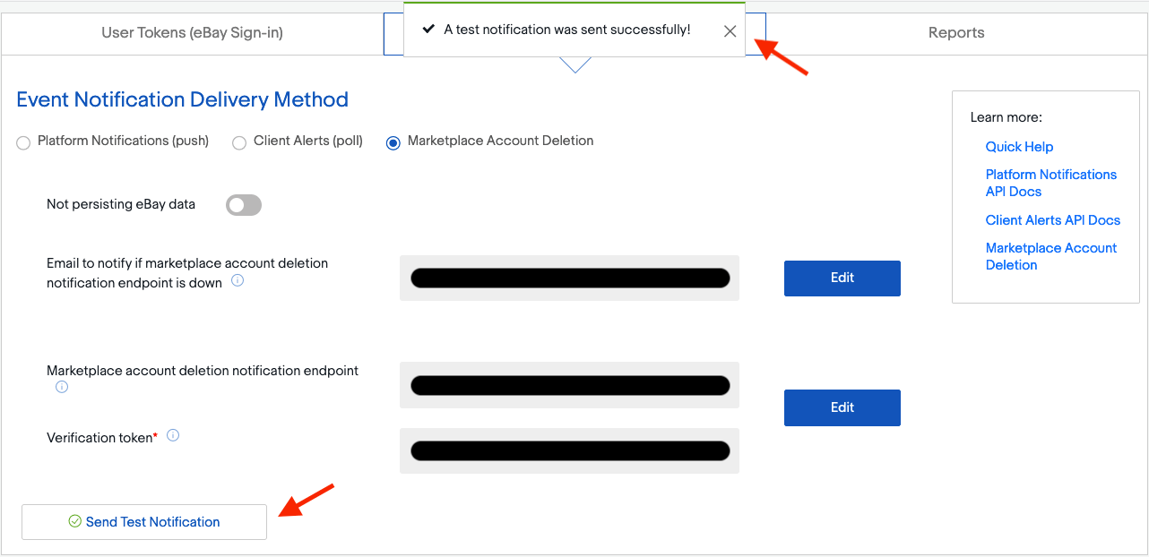 Schaltfläche zum Senden einer Testbenachrichtigung