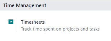 So sieht die Funktion „Zeiterfassungen“ auf der Einstellungsseite von Odoo Projekt aus.