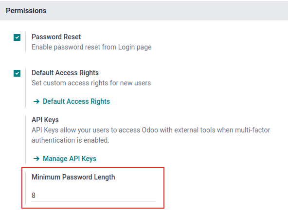 La longitud mínima de la contraseña resaltada en la sección de Permisos en Ajustes generales.