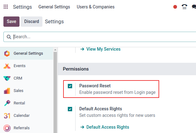 Activando el reestablecimiento de contraseñas en los Ajustes de Odoo