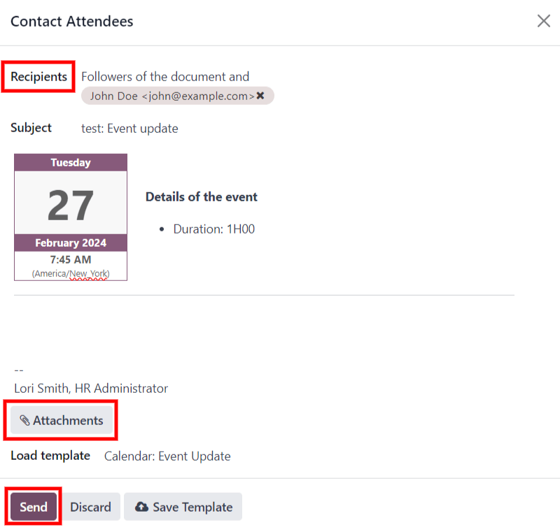 Ingrese la información para enviar el evento por correo electrónico.