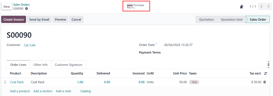 Una orden de venta triangulada con el botón inteligente Compra en la esquina superior derecha.