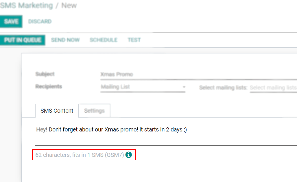 Número de caracteres GSM7 que caben en un mensaje de SMS en la aplicación Marketing por SMS de Odoo.