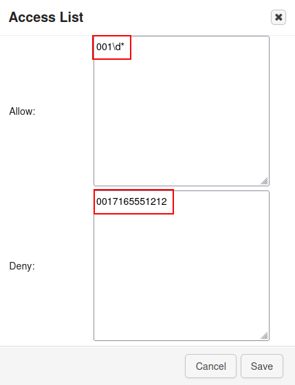 Configuración de un elemento de lista de acceso con los campos permitir y bloquear resaltados.