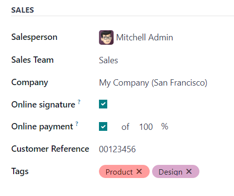 La sección Ventas de la pestaña Otra información de un formulario de cotización en la aplicación Ventas de Odoo.