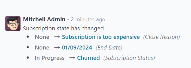 El chatter de una orden de venta cancelada para una suscripción cancelada en Suscripciones de Odoo.