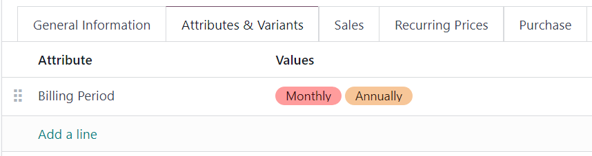 Periodos recurrentes configurados como variantes de producto en la pestaña  "Atributos y Variantes" del formulario del producto.