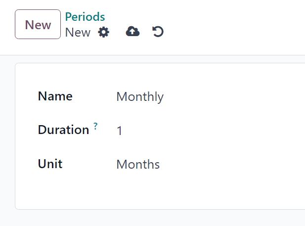 Un formulario de periodo de recurrencia en la aplicación Suscripciones de Odoo.