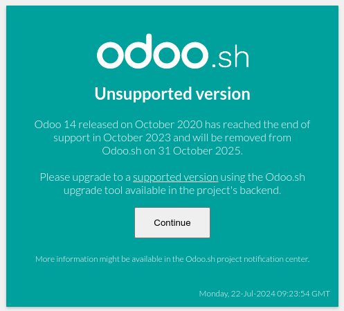 The "unsupported version" popup on Odoo.sh.