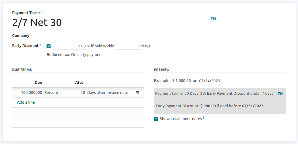 Configuration des conditions de paiement nommées "2/7 Net 30". Le champ "Description sur les factures" indique : "Conditions de paiement : 30 jours, 2% d'escompte pour paiement anticipé endéans les 7 jours".