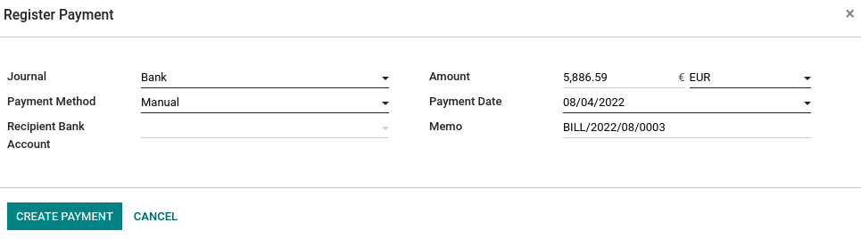 Sélectionnez la devise et le journal à utiliser avant d'enregistrer le paiement.