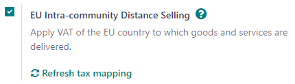 La fonctionnalité Vente à distance intracommunautaire UE dans les paramètres d'Odoo Comptabilité