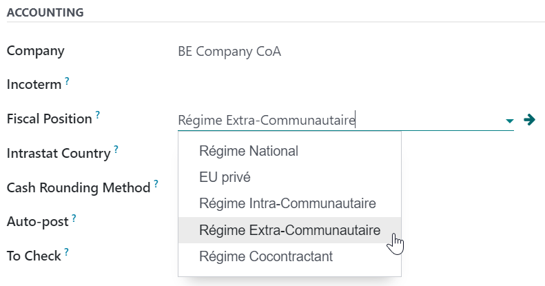 Sélection d'une position fiscale sur une commande client, une facture client ou une facture fournisseur