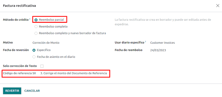 Remboursement partiel pour corriger les montants, en utilisant le code de référence SII 3.