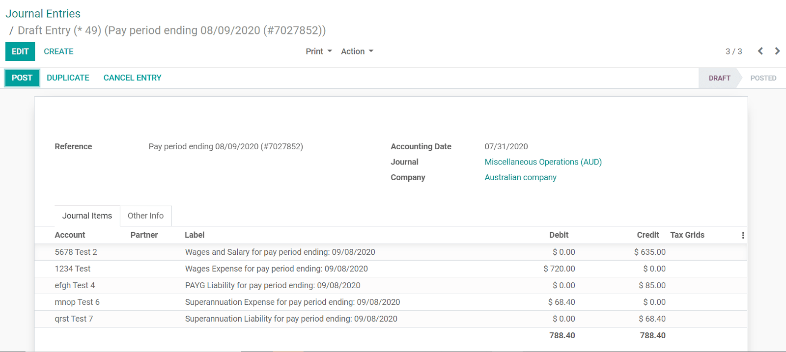 Exemple d'une pièce comptable d'Employment Hero dans Odoo Comptabilité (Australie)