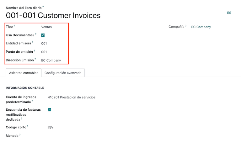 Configurez un point d'impression pour le type de document électronique équatorien des factures clients.