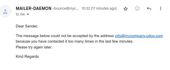 Bounce email received after attempting contact too many times an alias.