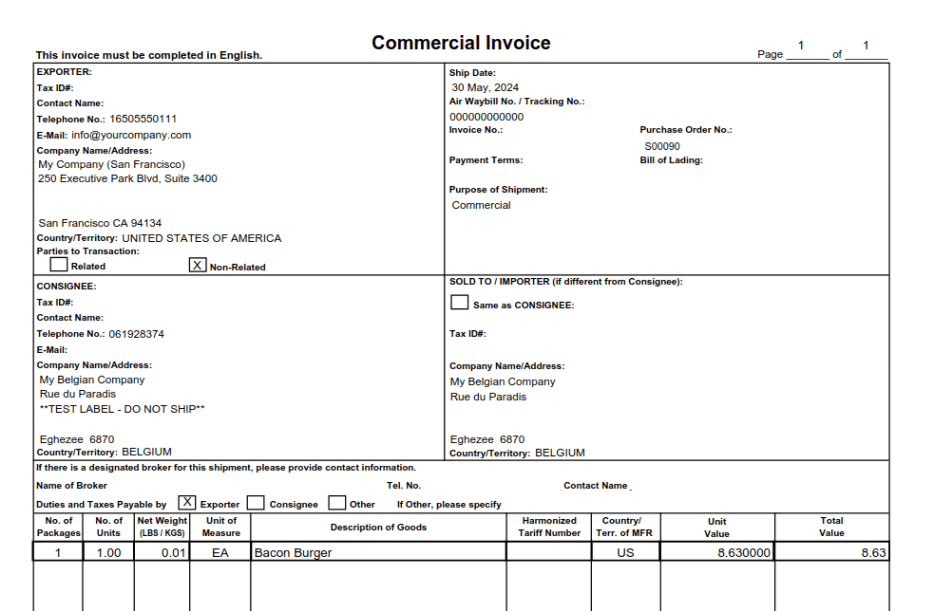 Export document for a shipment from the USA to Belgium.