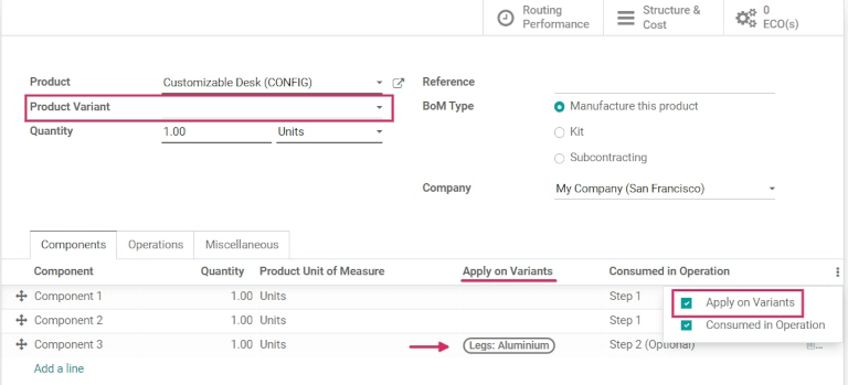 L'option "Application aux variantes" dans le menu des options supplémentaires.