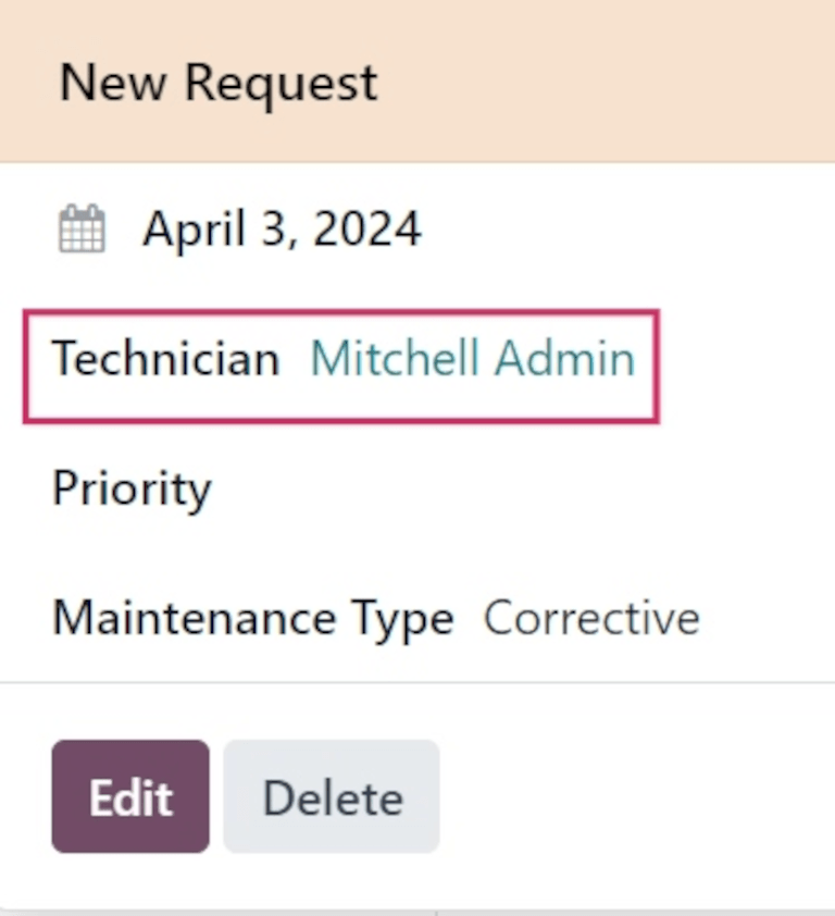 Maintenance request popover with Technician field shown.