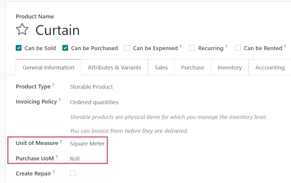 Définir des unités de mesure d'un produit utilisant vos propres unités dans Odoo Achats