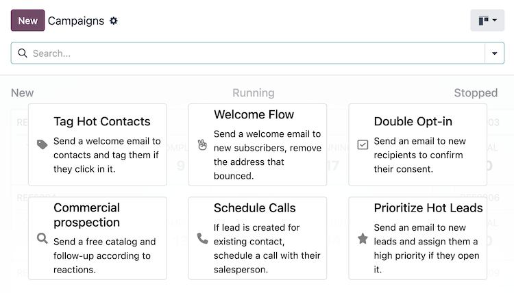 Six campaign template cards on the Campaigns dashboard of the Marketing Automation app.