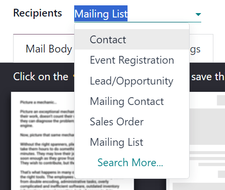 Vue du menu déroulant des destinataires dans l'application Email Marketing d'Odoo.