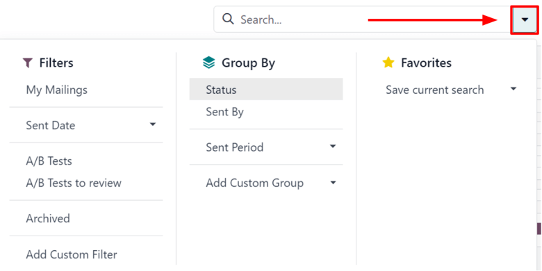The drop-down mega menu of search options the Odoo Email Marketing application.