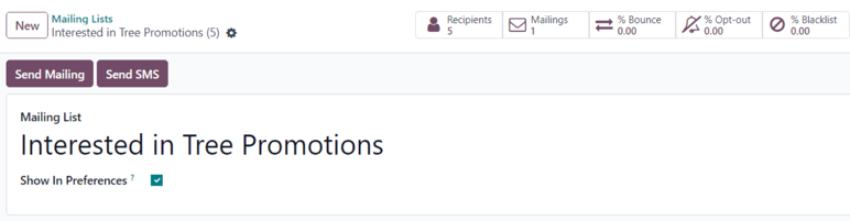 View of the mailing list form in the Odoo Email Marketing application.
